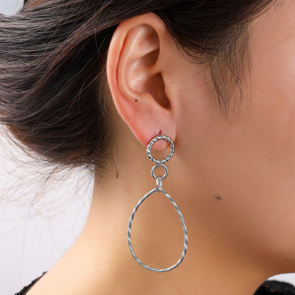 Textured Drop Hoops &ndash; Silver